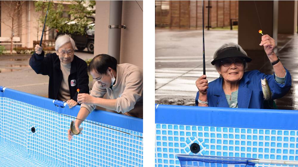 職員手作りの大きな生けすを使ったニジマス釣り