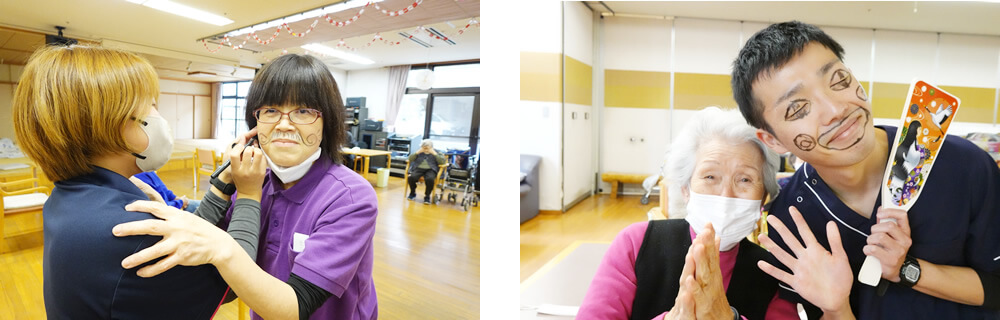羽子板対決で墨だらけになる職員