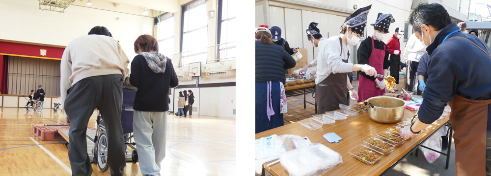 高齢者疑似体験や焼きそば盛り付けの様子