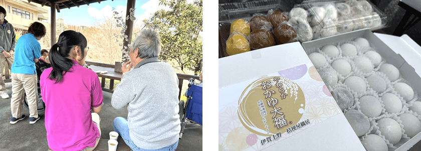お花見レクリエーションの様子と飲み込む力が弱くなっている方でも安心して食べられる「おかゆ大福」