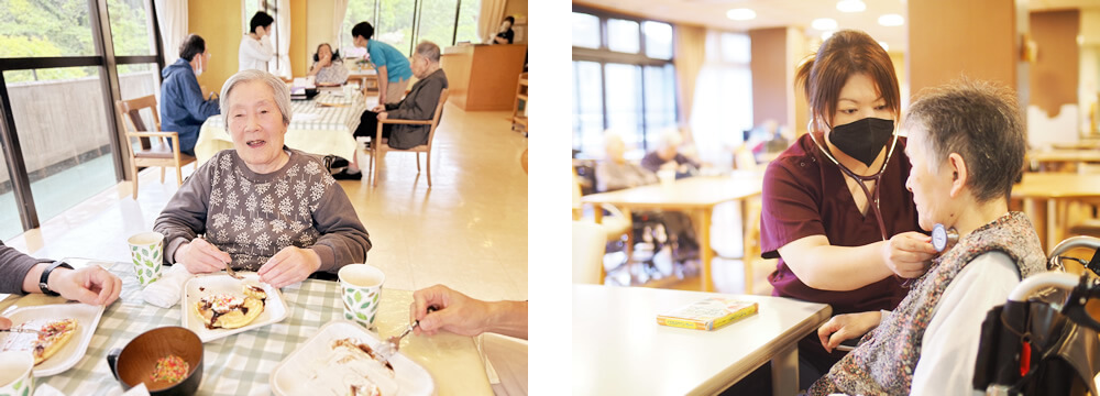 パンケーキを召し上がるご利用者さまとST（言語聴覚士）