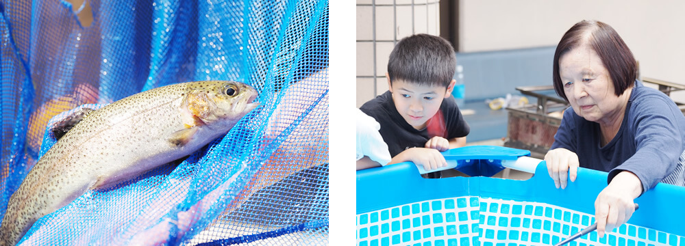 マス釣りをするご利用者さまと体験ボランティアで参加した地域のこども