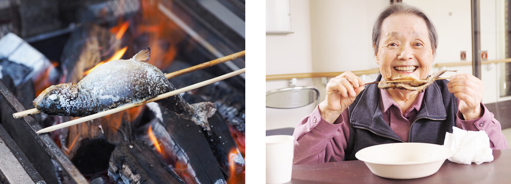 ニジマスの塩焼きを楽しむご利用者さま
