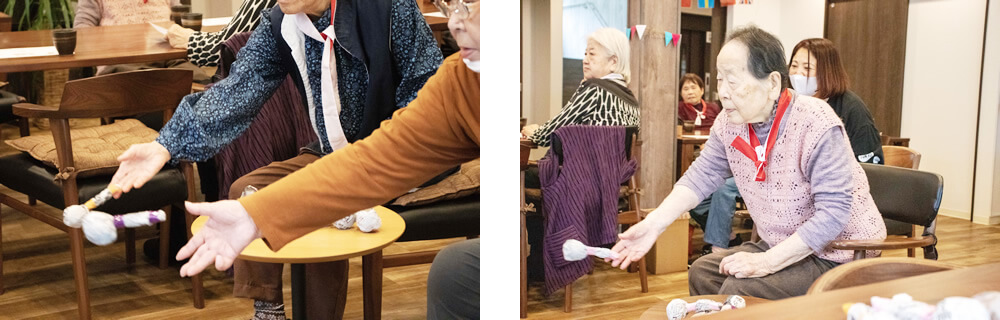 お玉リレーを楽しむご利用者さま
