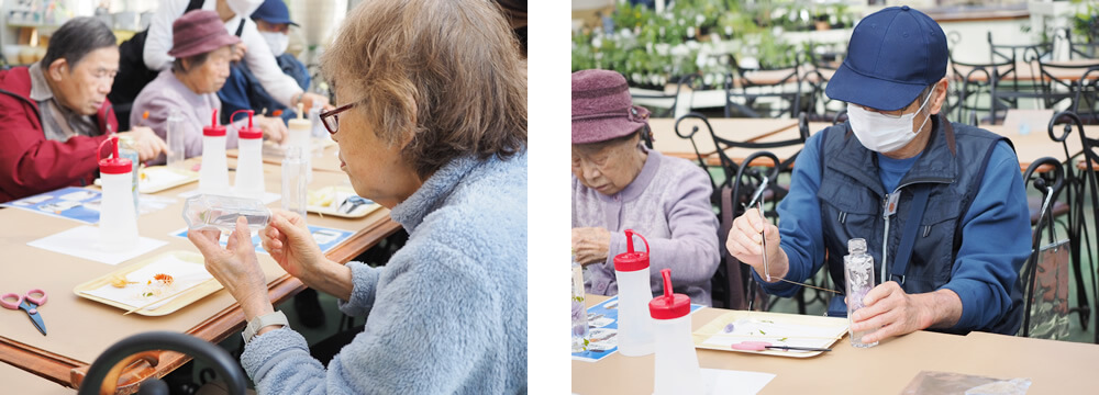 ハーバリウムづくりに真剣なご利用者さま