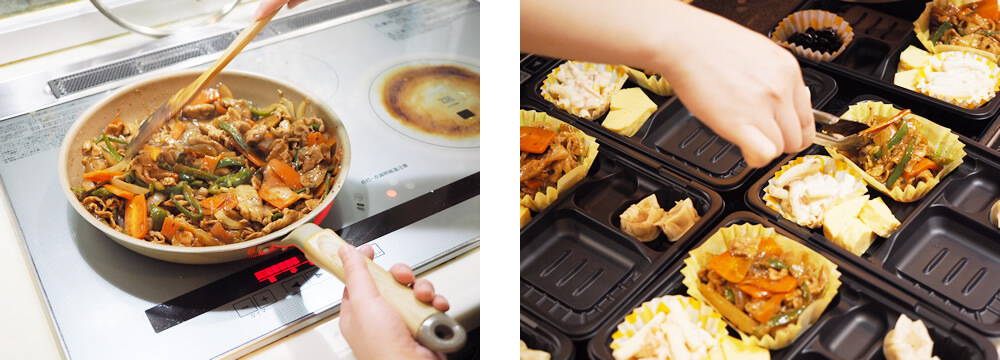 ホイコーロー弁当を作る様子