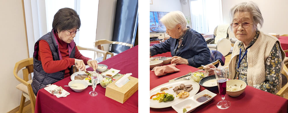 ステーキランチを召し上がるご利用者さま